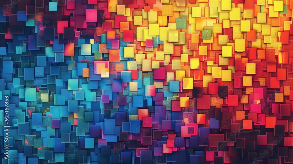 Aufkleber A vibrant digital background features a chaotic pattern of colorful, overlapping squares, transitioning from dark blue and purple tones on the left to bright red, orange, and yellow on the right. The 