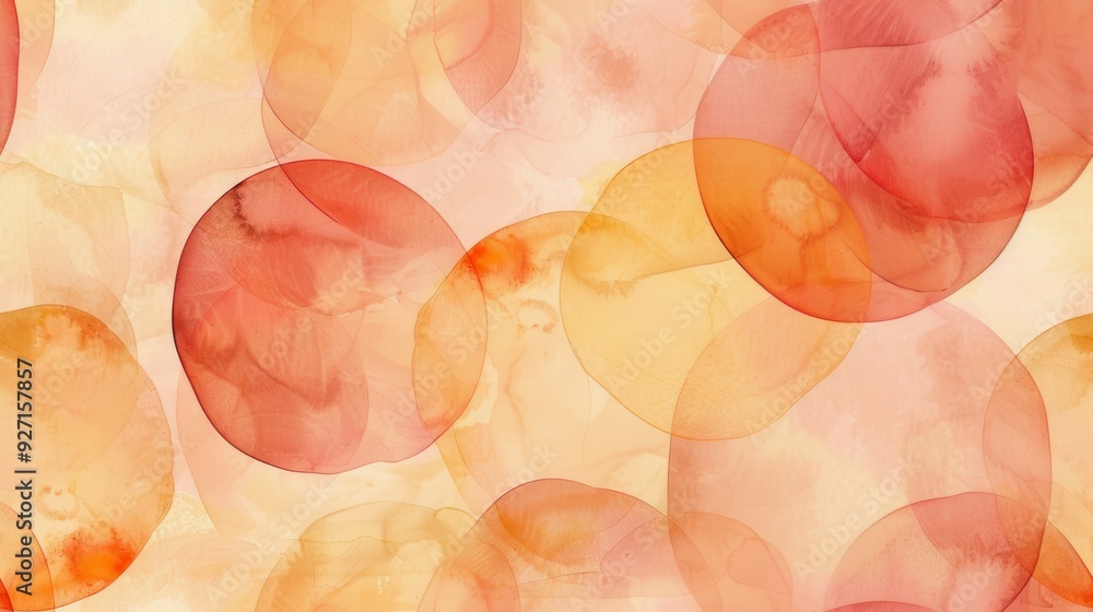 Poster A watercolor painting features overlapping red and orange circles on a white background, creating a layered and textured effect. The circles are semi-transparent, allowing the white background to show