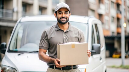 An Indian delivery person holding a package and a signature pad, dressed in a uniform, and ready to complete the delivery.

