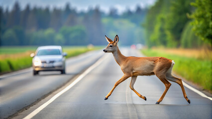 A wild roe deer crosses a highway with a moving car in the background.
