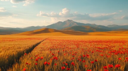 Aerial shot of a mountain plateau covered in fields of golden wheat, dotted with red poppies swaying in the breeze