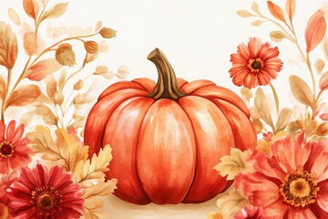Pumpkin surrounded by autumn flowers and leaves, watercolor background