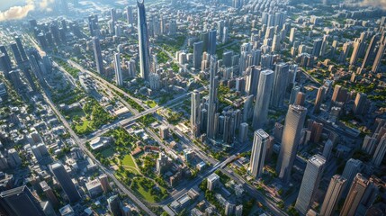 Obraz premium Aerial shot of a sprawling urban center with skyscrapers reaching towards the sky, surrounded by neatly organized roads and green spaces
