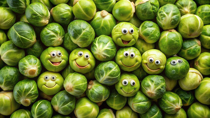 Brussels sprouts with human features smile happily together.