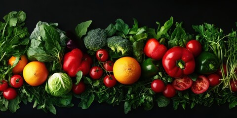 Fresh colorful vegetables, including broccoli, tomatoes, peppers, and oranges, arranged on a dark background.