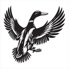 Obraz premium Mallard Silhouette, Wild Duck Clipart, Mallard In-flight wings flapping upward illustration in black and white