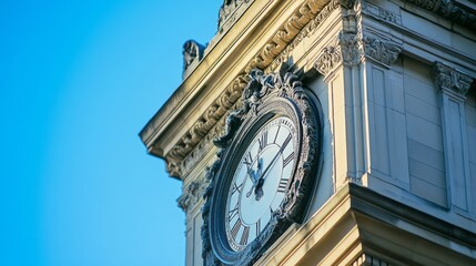 Clock Tower Majesty: Intricate Details Against a Blue Sky 1