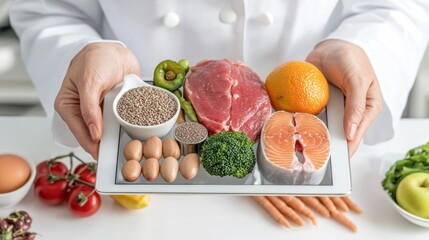 Integrative Healthcare Doctor Presenting Healthy Meal Plans on Tablet for Patient Wellness Guidance, Generative Ai