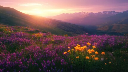 Obraz premium Aerial view of a mountain landscape at sunset, with fields of purple and yellow wildflowers glowing in the soft evening light