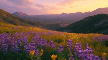 Fototapeta premium Aerial view of a mountain landscape at sunset, with fields of purple and yellow wildflowers glowing in the soft evening light
