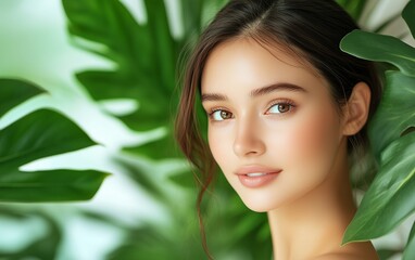 Fresh-faced brunette beauty amidst lush tropical leaves: Radiant natural look for organic skincare, eco-friendly fashion, and wellness lifestyle blogs. Emphasizes purity and connection with nature.