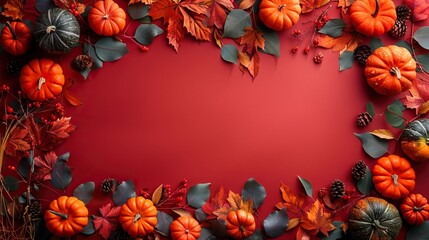 An autumn frame featuring leaves and pumpkins set against a red plaid background, viewed from above in a flat lay style, capturing the essence of the season.
