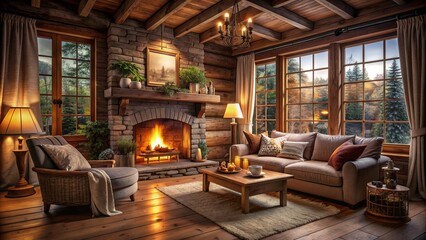 Naklejka premium Cozy Retreat: Cottagecore aesthetics, warm woods, soft textiles, dim and cozy lighting, fireplace