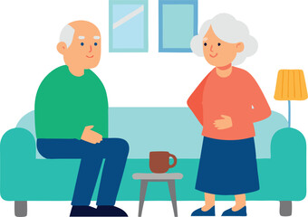 Elderly couple sits on a sofa, sharing smiles and laughter in a comfortable living room.