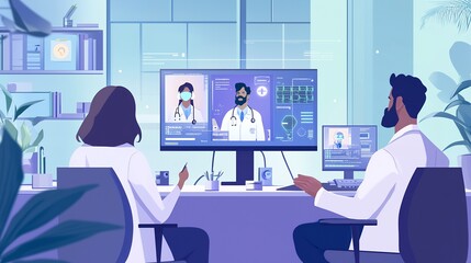 Obraz premium Two doctors in white coats are sitting at a desk with a computer and a monitor displaying video calls with other doctors.