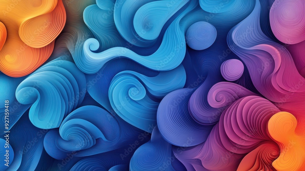 Poster vibrant abstract swirl pattern in blue, orange, and purple hues, creating a dynamic and colorful art