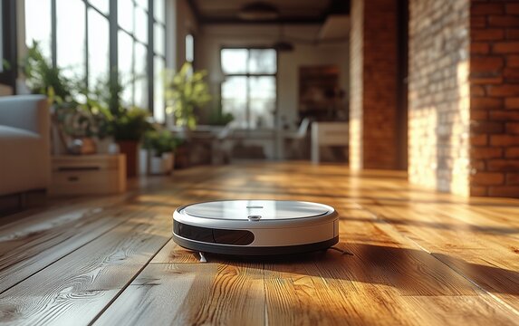 Robotic Vacuum Navigating Hardwood Floor in Stylish Sunlit Living Room with Large Windows