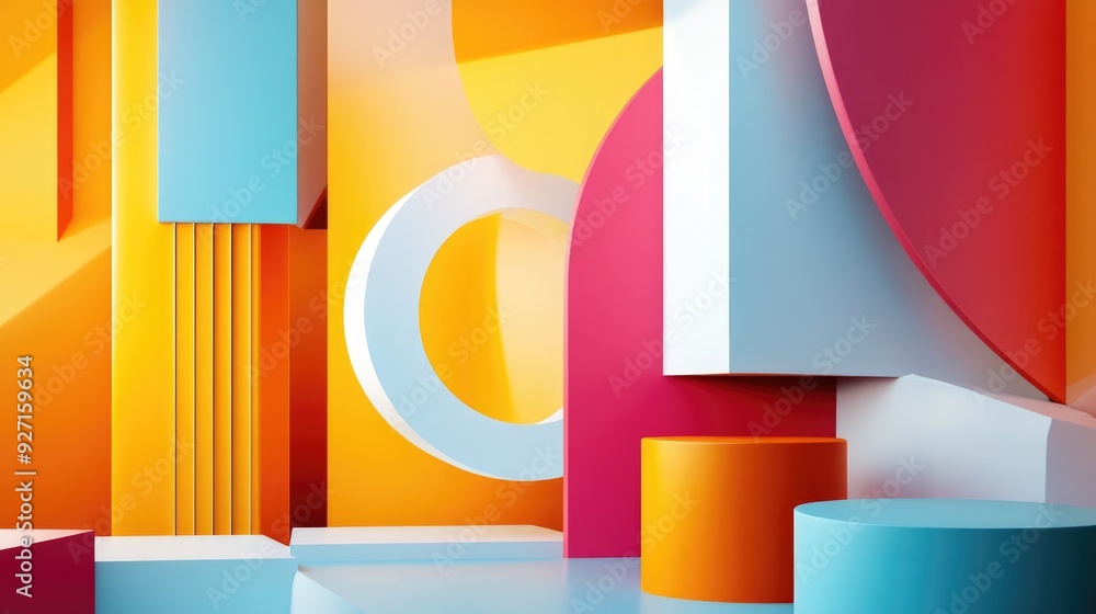 Poster bright and modern 3d abstract art piece with overlapping geometric shapes, designed as a clean and v