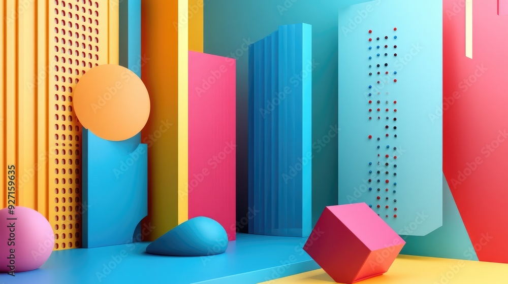 Poster bright and modern 3d abstract art piece with overlapping geometric shapes, designed as a clean and v