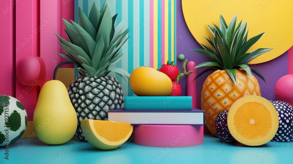 Poster colorful abstract 3d art with geometric patterns representing simple daily essentials like fruits, b