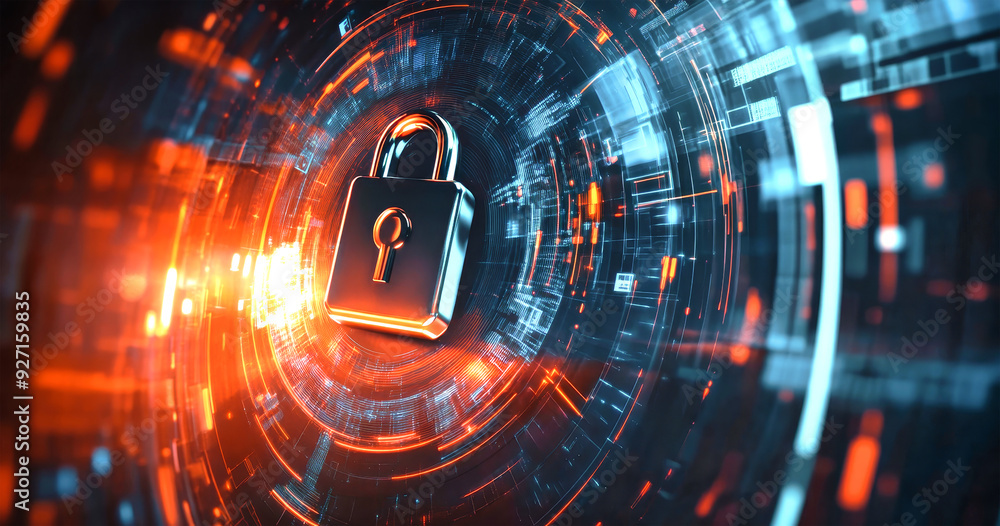 Poster a digital padlock symbolizes advanced security technology highlighted amidst a network of vibrant da