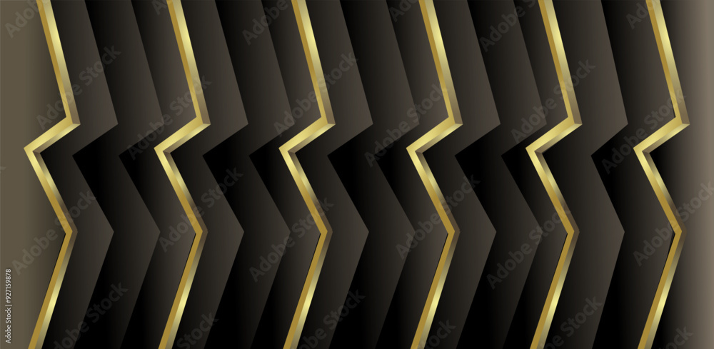 Poster composition of zig zag lines and geometric abstract fields with gradations of gold, brown and black 