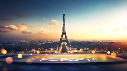 The Eiffel Tower in Paris with a colorful olympic rings logo.