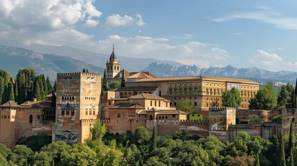 Fototapeta premium A view of the Alhambra Palace and the Generalife Gardens in Granada, Spain, on a sunny day. The buildings are surrounded by lush green trees, and mountains can be seen in the distance.