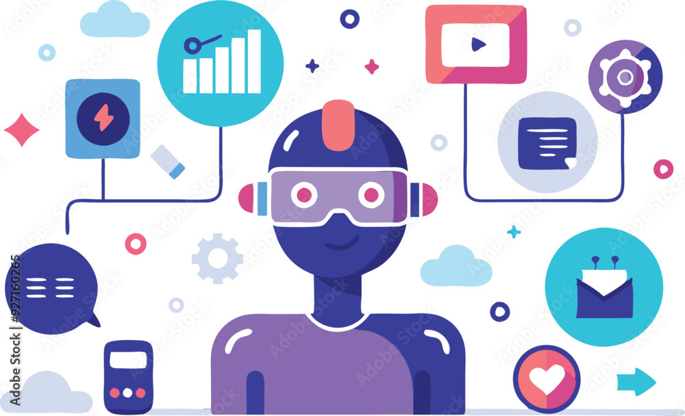 Poster a virtual assistant engages with technology, surrounded by icons of data analytics, communication, a