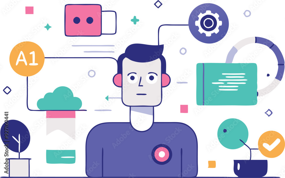 Poster A person interacts with various digital elements and icons, highlighting technology and data concepts.
