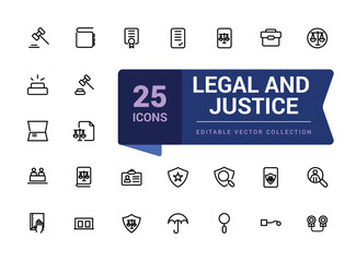Set of law, justice, legal, judgment line icons. Pixel perfect, minimalistic web and UI icon. Outline icon collections. Editable vector illustration.