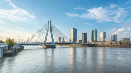 Obraz premium Modern Bridge Connecting City Skyline Over Vast River
