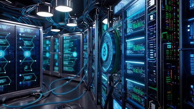 Blockchain Technology: Bitcoin Mining in Server Room