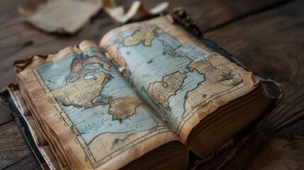 An antique book, open to a page displaying a hand-drawn world map, is laid on a wooden surface. The...