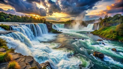 Dynamic Nature: Thundering waterfalls, swirling currents, fast-paced motion, contrasting textures, vibrant hues