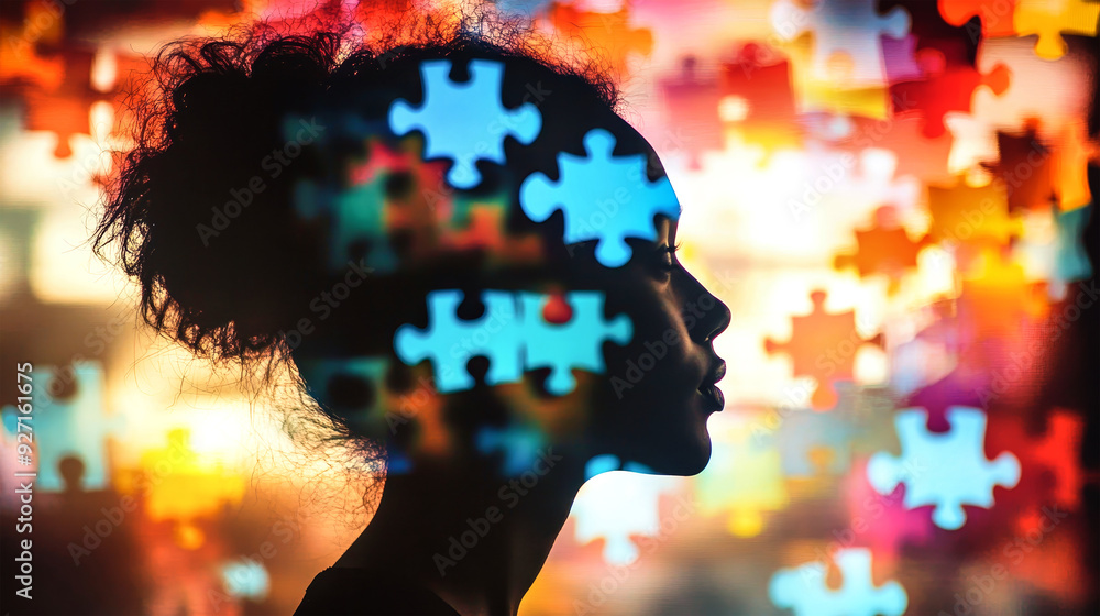 Poster a silhouette captures the complexity of identity, merging with colorful puzzle pieces that symbolize