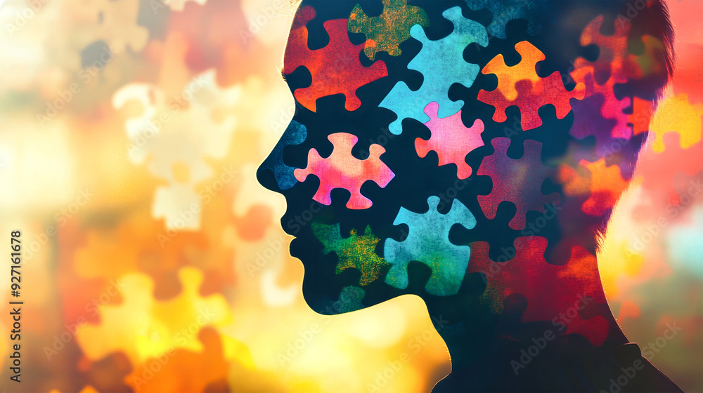 Aufkleber a man's silhouette merges with vivid puzzle pieces against an abstract backdrop, symbolizing the com
