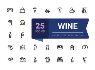 Wine related icons set. Related to grape, glass, barrel, cheese, vineyard icon. Pixel perfect, minimalistic web and UI icon. Outline icon collections.