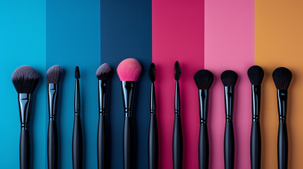 Makeup brushes of various shapes and sizes, arranged on colorful striped paper. Pink blush is scattered around.


