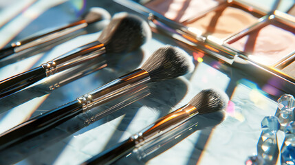 Makeup brushes of various shapes and sizes, arranged on colorful striped paper. Pink blush is scattered around.


