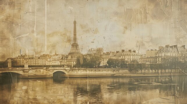 A vintage photograph showing the Eiffel Tower and the Seine River in Paris. The photo has a faded, sepia tone and a textured background. In the foreground, a bridge spans the river, and trees line the
