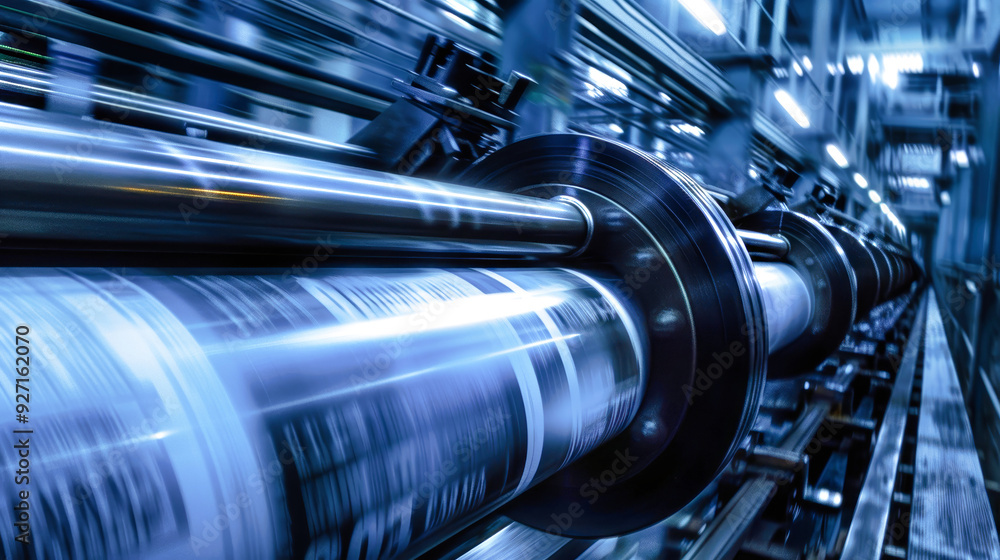 Poster high-speed rolls of newspapers move swiftly in a factory, showcasing the machinery's efficiency and 