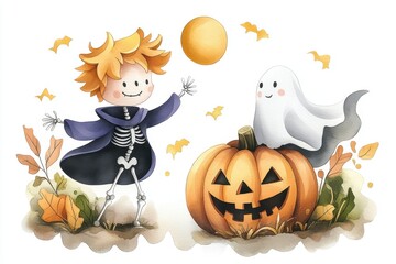 Watercolor Skeleton Dancing with Pumpkin and Ghost on Transparent Background