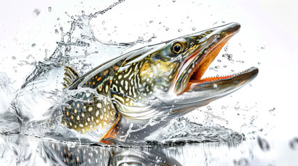A fierce pike fish leaps from the water, creating vibrant splashes against a stark white background, showcasing its striking features and dynamic motion
