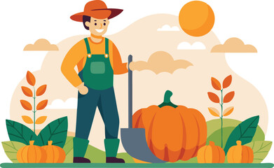 A farmer smiles as he tends to large pumpkins under a bright sun with colorful plants around.