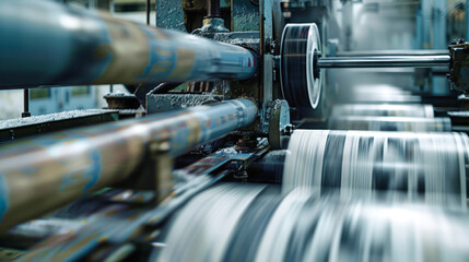 Fototapeta premium Newspaper rolls and printed pages move swiftly through the machinery, showcasing the vibrant workflow of a printing factory