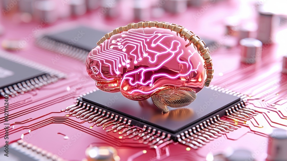 Poster a futuristic illustration of a brain on a microchip, symbolizing artificial intelligence and technol