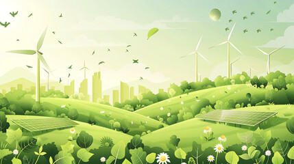 a green landscape with solar panels, wind turbines, and a city in the background. It seems to be an illustration of sustainable energy.