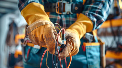 A dedicated electrician focuses on wiring and tools while enhancing home electrical systems, showcasing expert craftsmanship and safety
