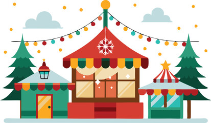 Obraz premium Charming winter market features cozy stalls adorned with lights and surrounded by evergreen trees.